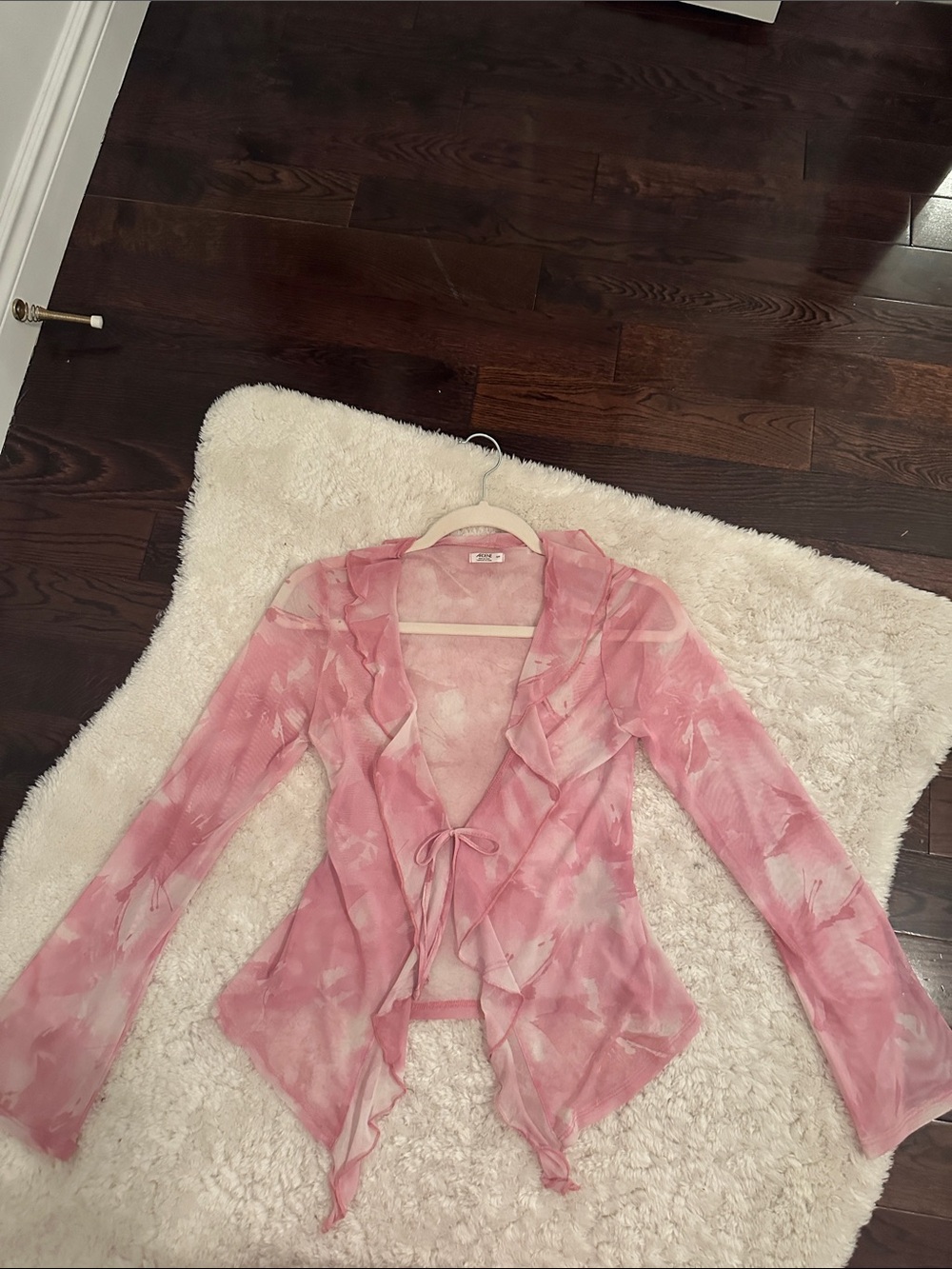 Pink Sheer Ruffle Tie-Front Top